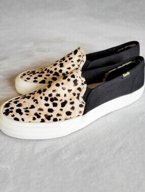 ​Keds Women's Size 9.5 Slip On Sneakers Leopard Print Black Canvas Shoes WF65933
